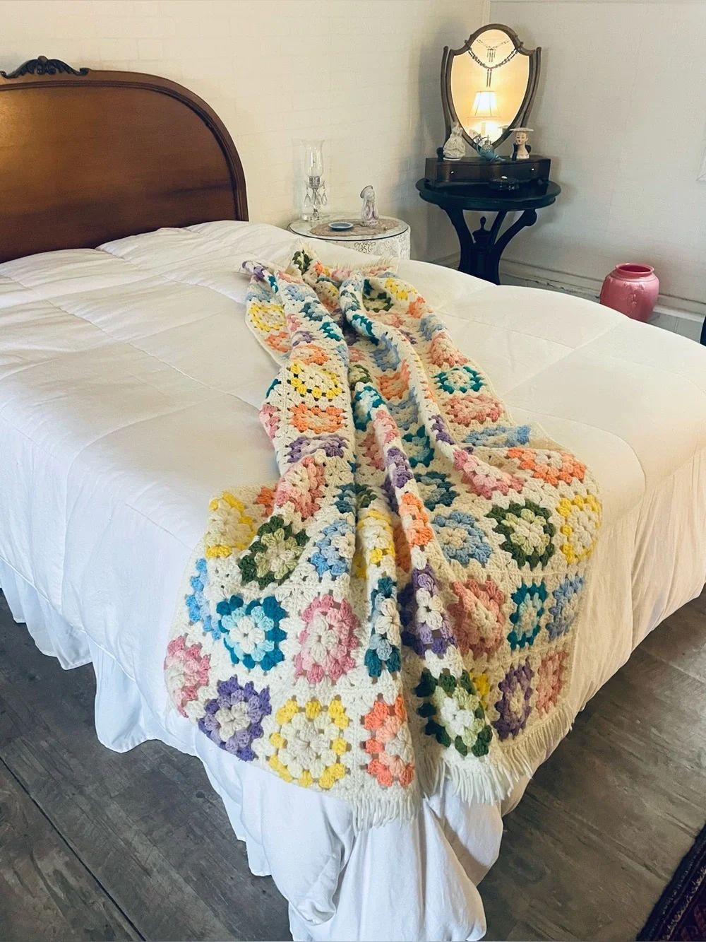 Vintage Handmade Crochet Granny Square Throw Blanket Pastels Fringed 40x78